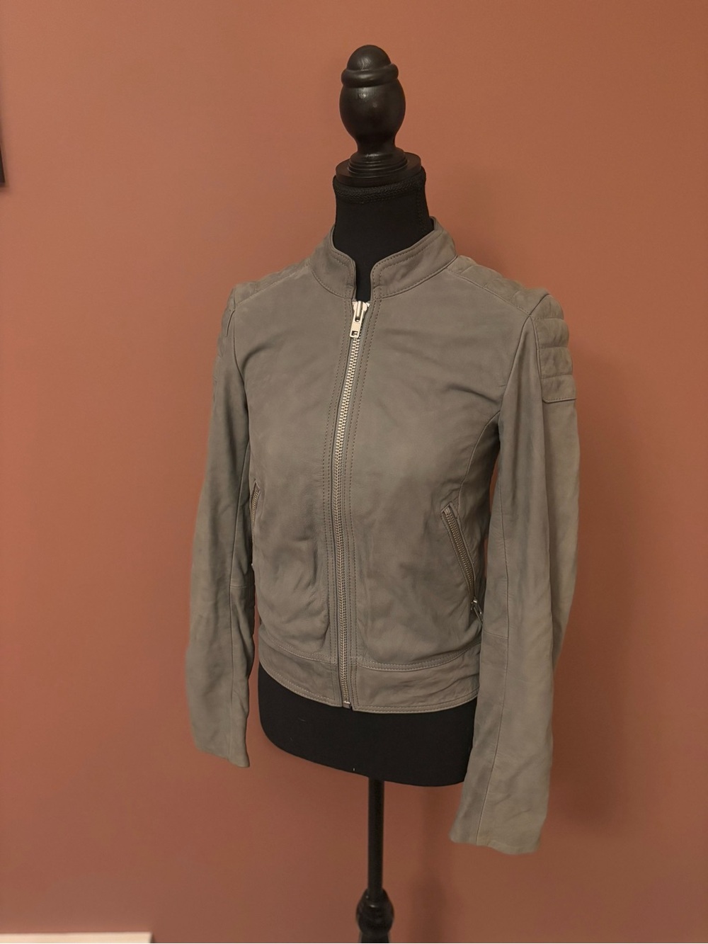 Danier Grey Leather Zip-Front Moto Jacket